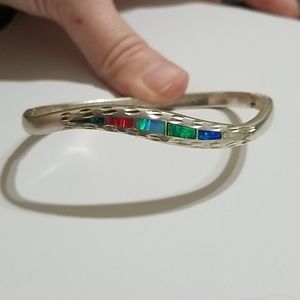 Vintage Opal Inlay Sterling Silver Cuff
